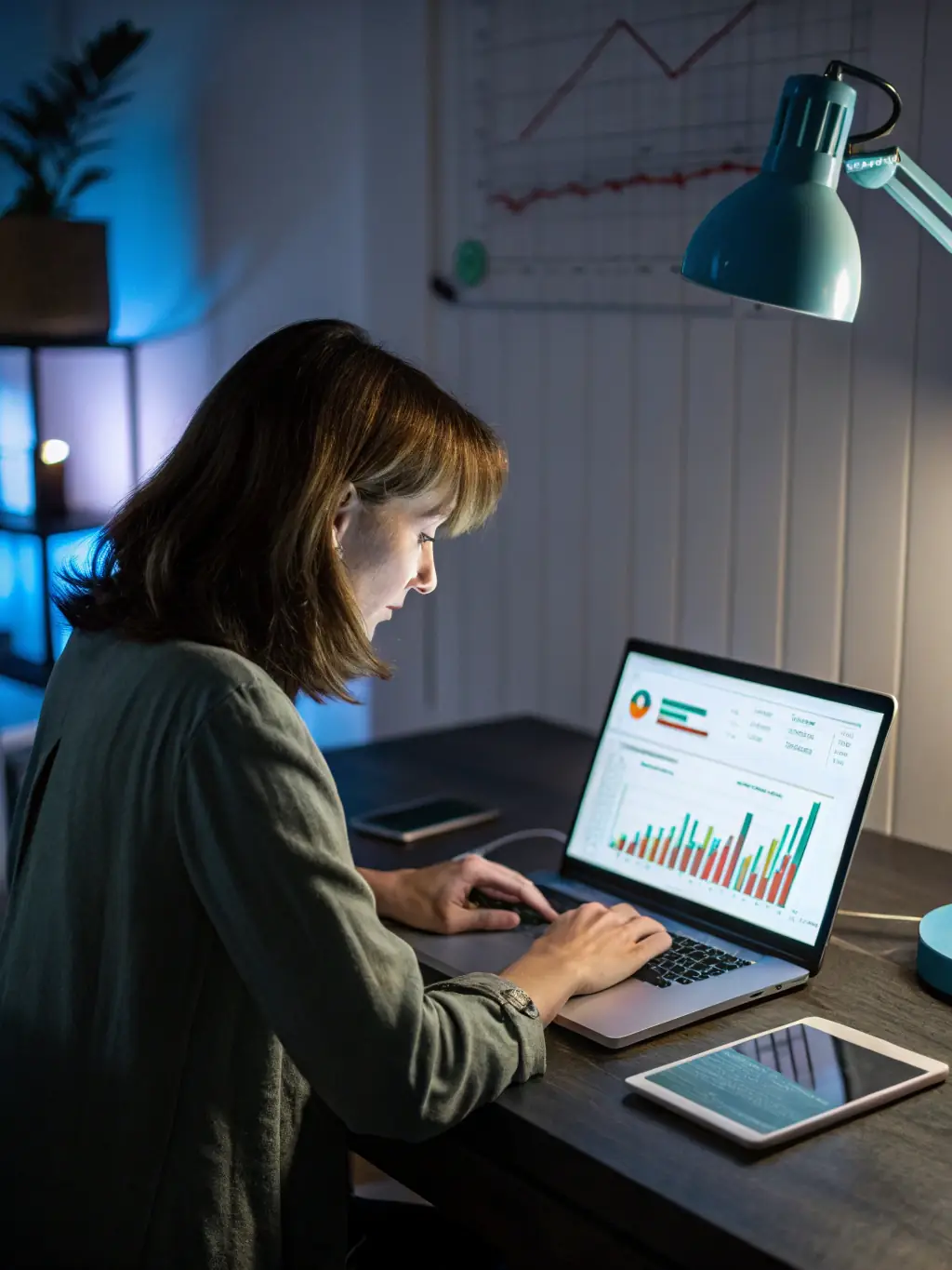 A person sitting at a desk, working on a laptop, with charts and graphs displayed on the screen, representing investment analysis for dividend income.