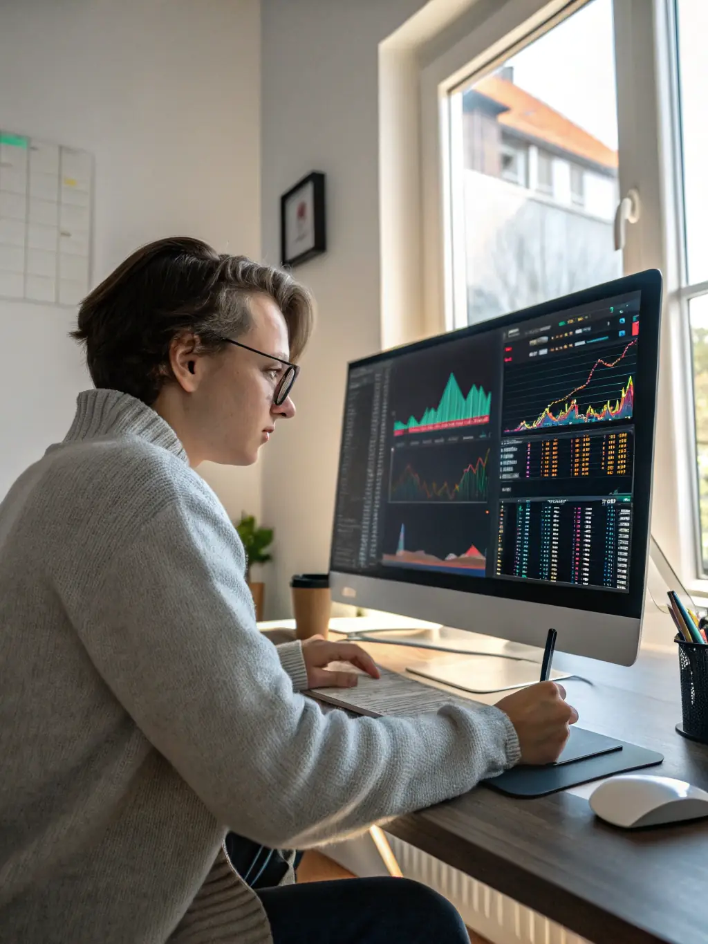 A person sitting at a desk with multiple monitors displaying stock charts and financial data, symbolizing investment analysis.