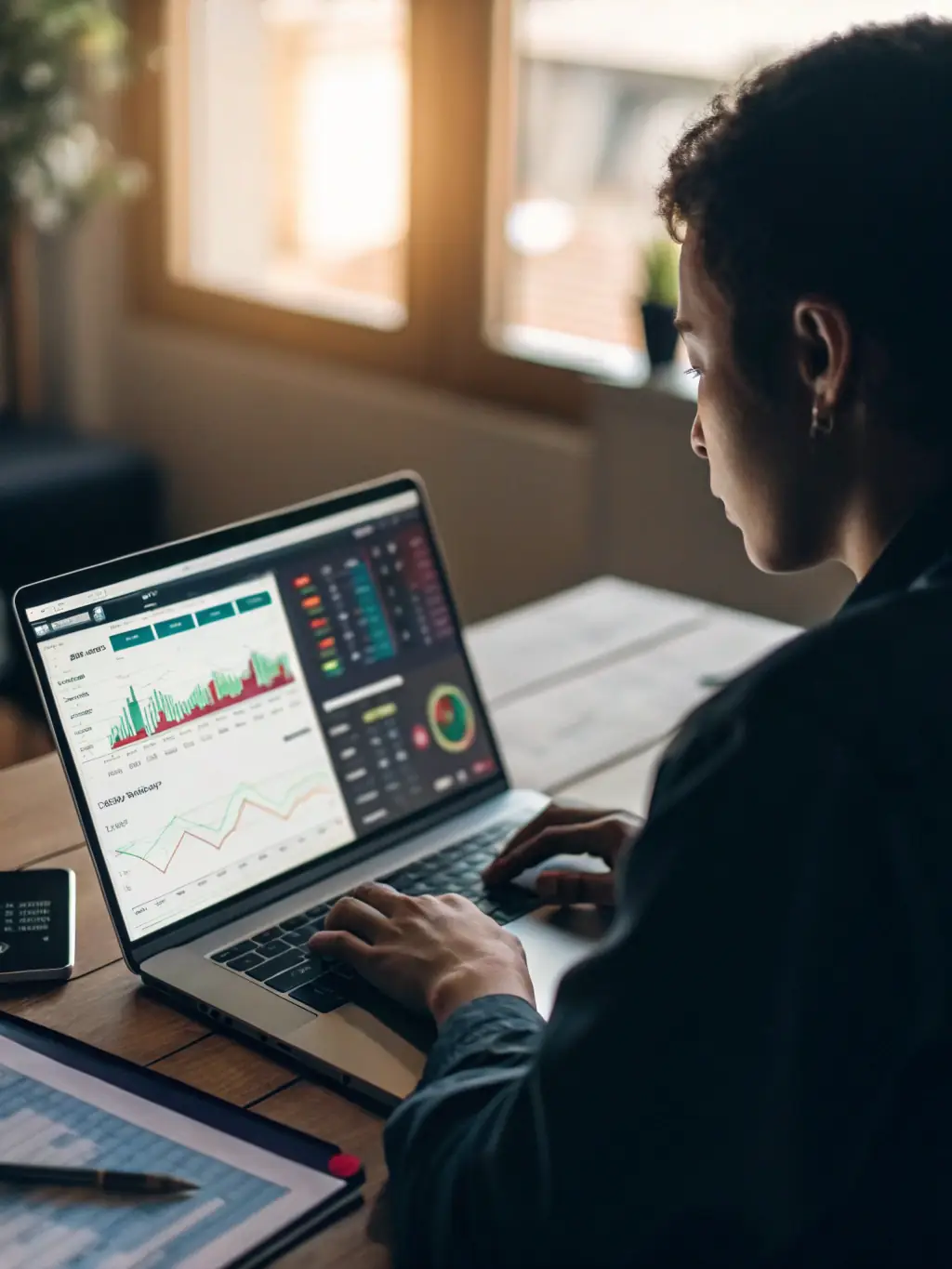 A person using a laptop with charts and graphs displayed on the screen, representing investment analysis on the kielbasabase website.