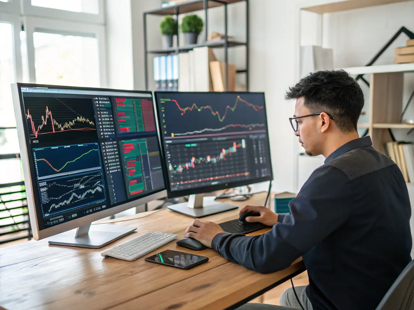 A person sitting at a desk with multiple monitors displaying stock charts and investment data, symbolizing dividend investing.