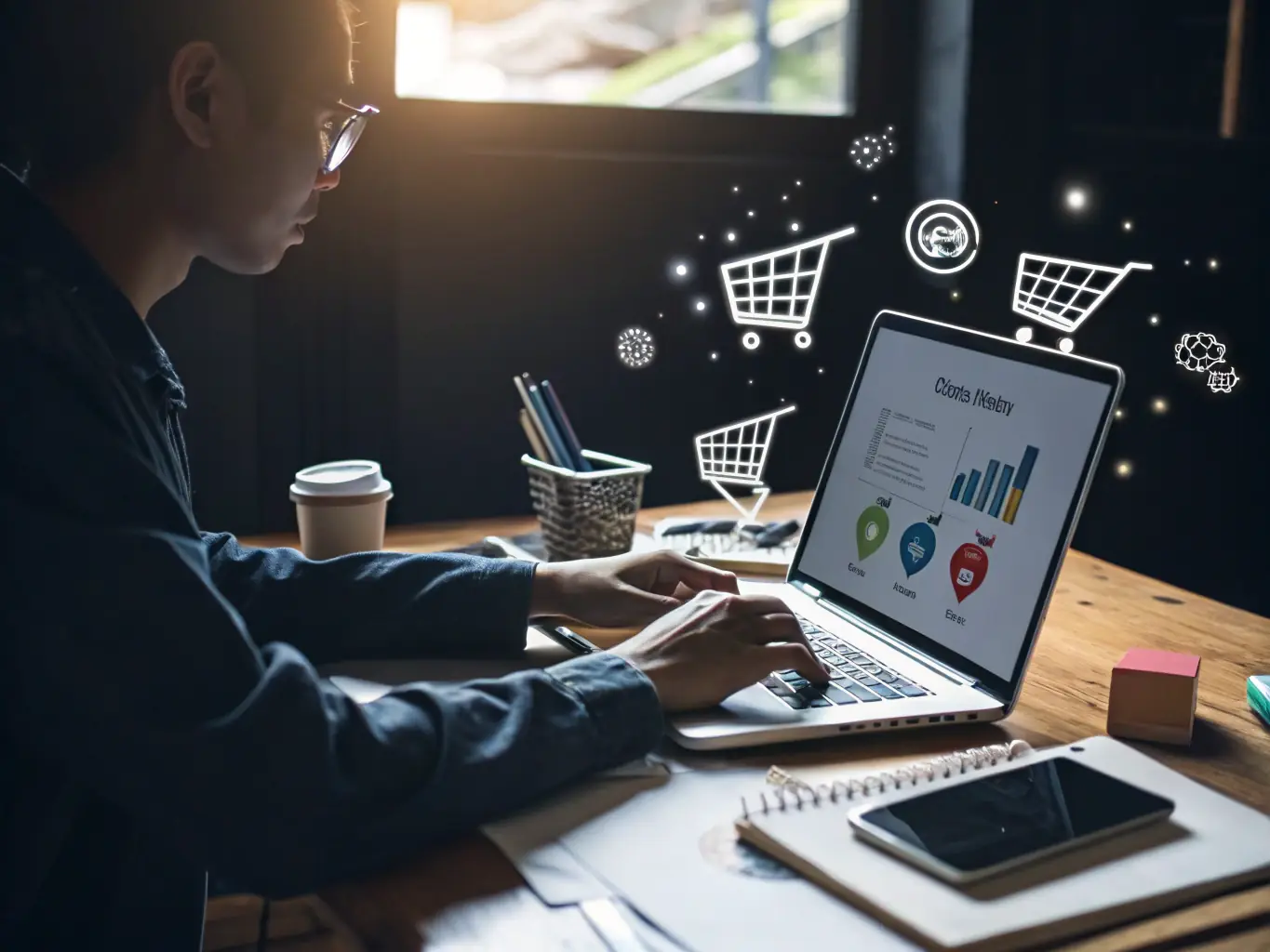 A person working on a laptop with icons representing various online business models, such as e-commerce and affiliate marketing.