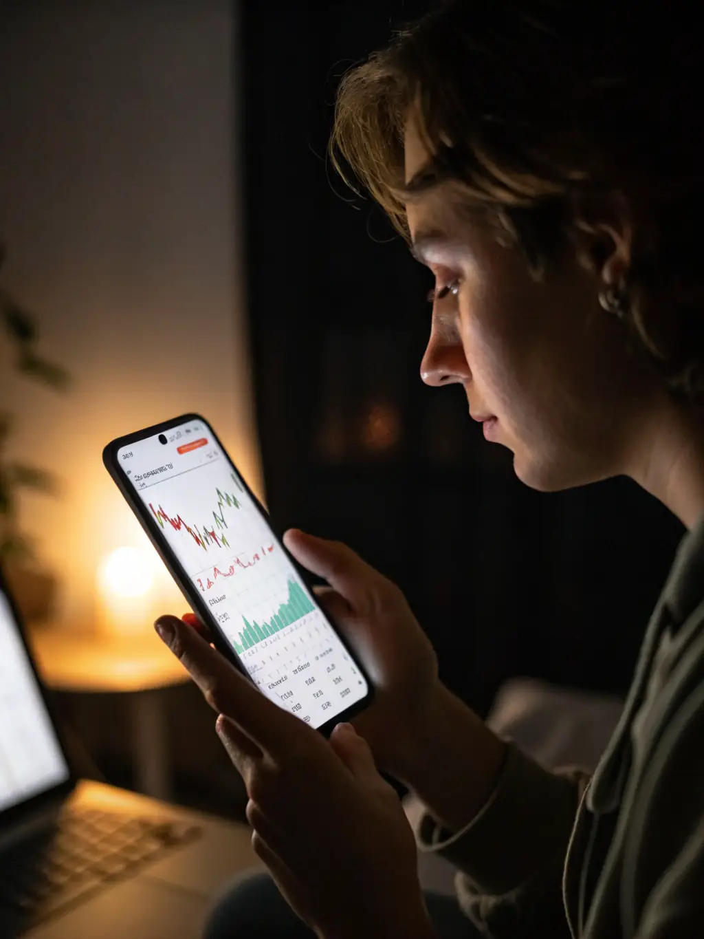 A person holding a smartphone displaying a mobile app interface with earnings and investment growth charts, symbolizing mobile investments.