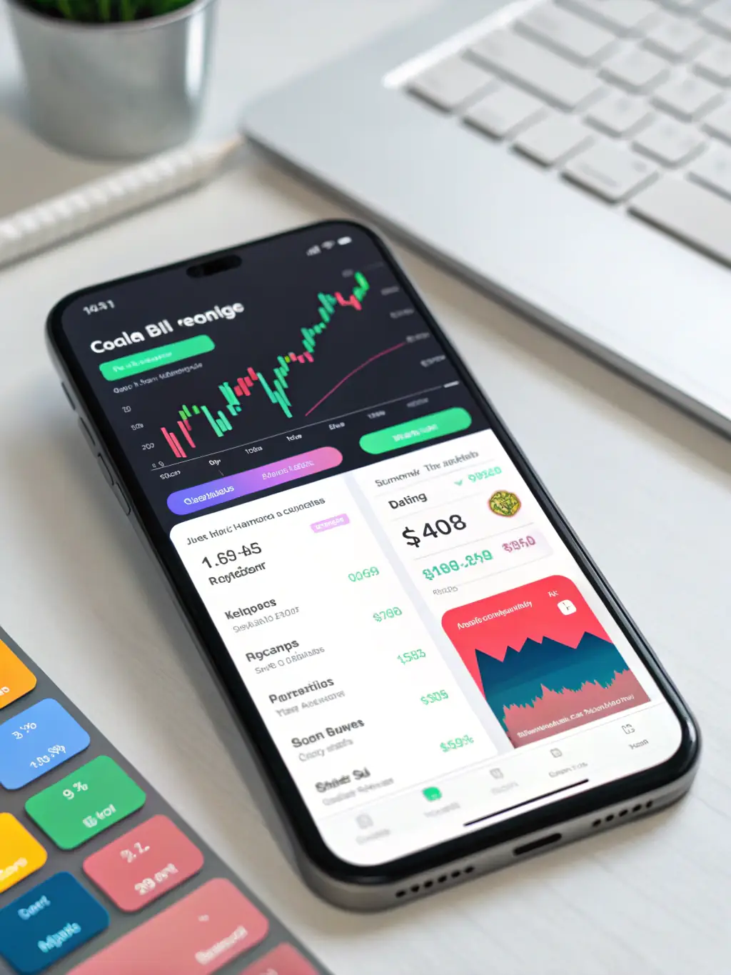 A smartphone displaying a mobile trading app interface, showing real-time stock prices and portfolio performance for kielbasabase users.