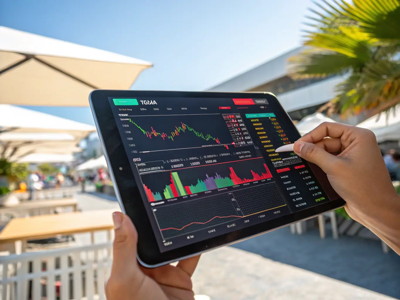 A person analyzing stock market data on a tablet, with charts and graphs illustrating potential investment growth in dividend stocks.