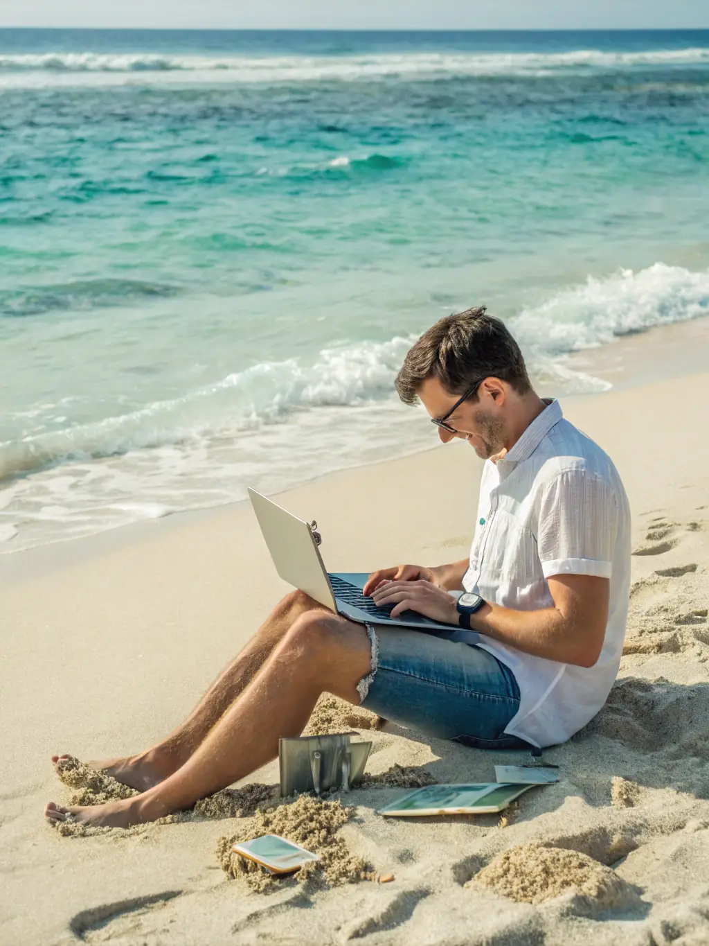 A person relaxing on a beach with a laptop, symbolizing the freedom of earning passive income through affiliate marketing.